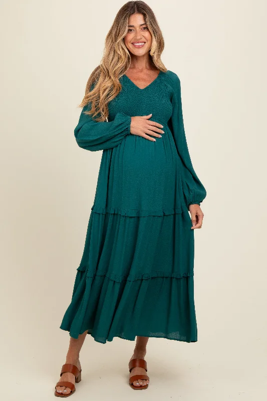 Ruffled - sleeve midi dress for a charming and playful lookEmerald Smocked Tiered Maternity Midi Dress