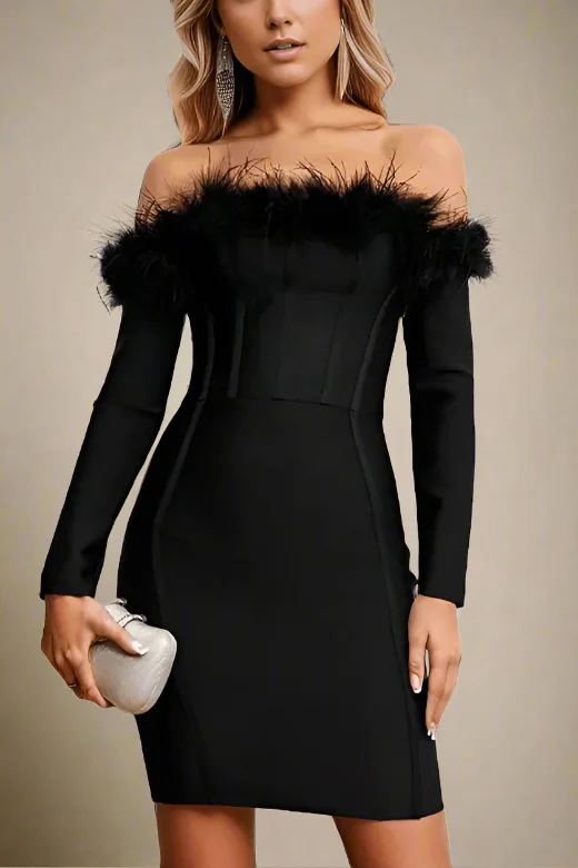 Party Dresses with Sheer Sleeve and Sequined Cuffs and Bow at the Waist for Ladies' Elegant and Sweet LookErin Long Sleeve Off Shoulder Bodycon Mini Dress - Classic Black Party Dresses with Sheer Sleeve and Sequined Cuffs and Bow at the Waist for Ladies' Elegant and Sweet LookErin Long Sleeve Off Shoulder Bodycon Mini Dress - Classic Black