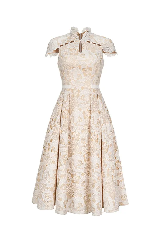 Fringe - trimmed midi dress for a playful and trendy appearanceEstelle A-line Mandarin Neck Lace Midi Dress