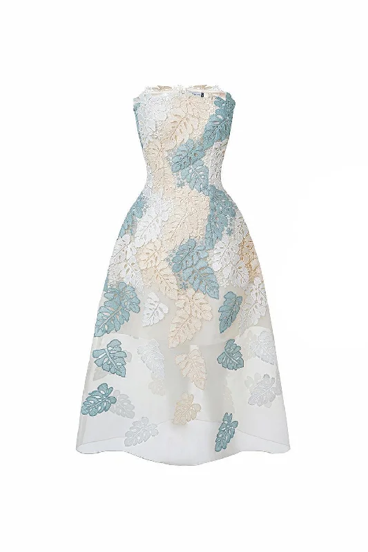 Belted midi dress to cinch the waist and enhance the figureEvelyn A-line Straight Across Neck Lace Midi Dress
