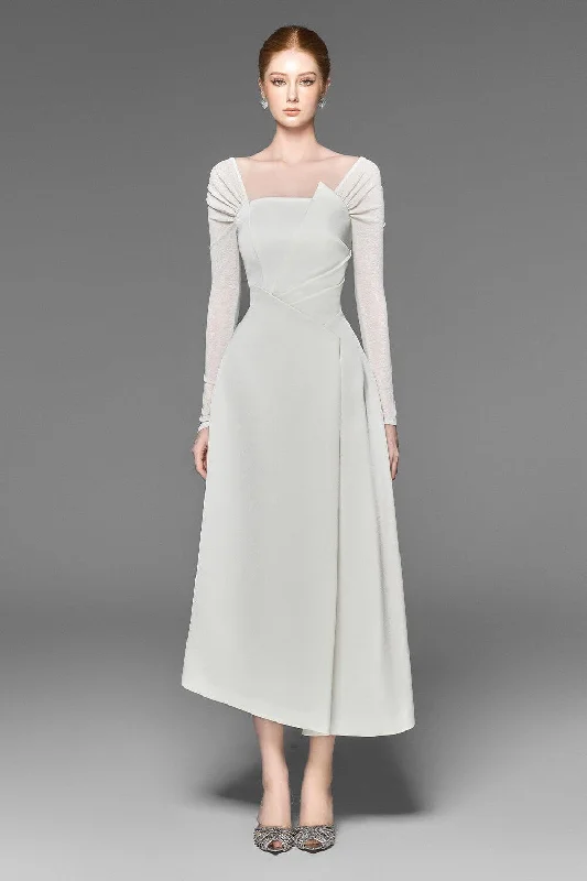 Midi dress for a countryside getaway for a laid - back and rustic lookEvie Asymmetric Off-Shoulder Spandex Taffeta Midi Dress