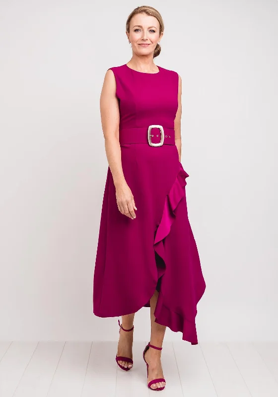 Trumpet - style midi dress for a flared and stylish silhouetteExquise Belted Frill Trim Midi Dress, Fuschia Pink