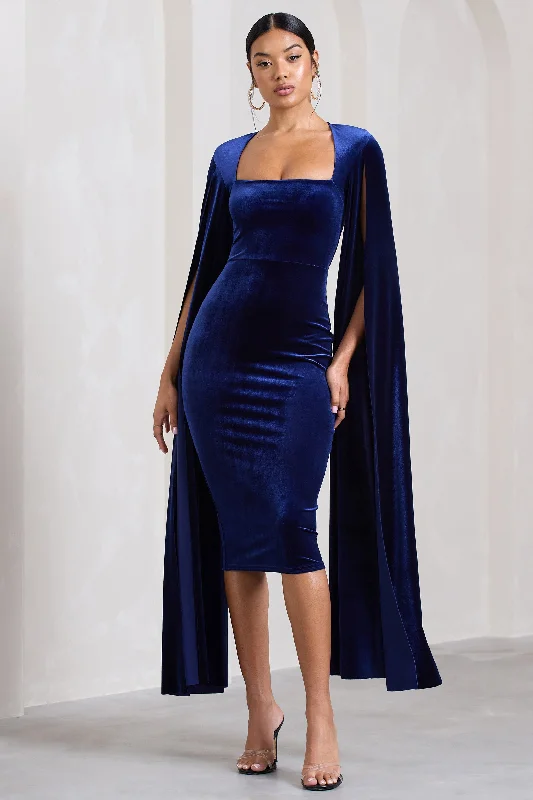 Midi dress for a night out at a club or partyFlawless | Navy Velvet Square Neck Midi Dress With Cape Sleeves
