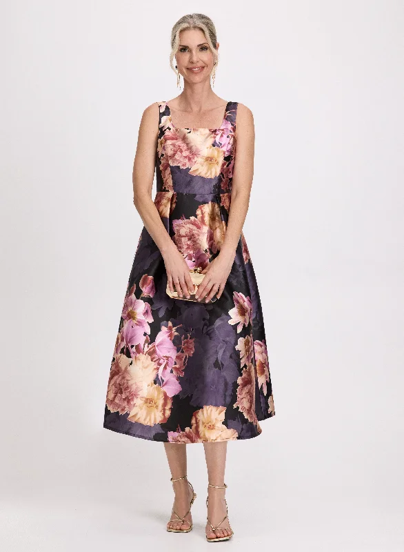 Party Dresses with Metallic Studs and Leather Trim for Ladies' Edgy and Rocker LookFloral Print Square Neck Dress Party Dresses with Metallic Studs and Leather Trim for Ladies' Edgy and Rocker LookFloral Print Square Neck Dress