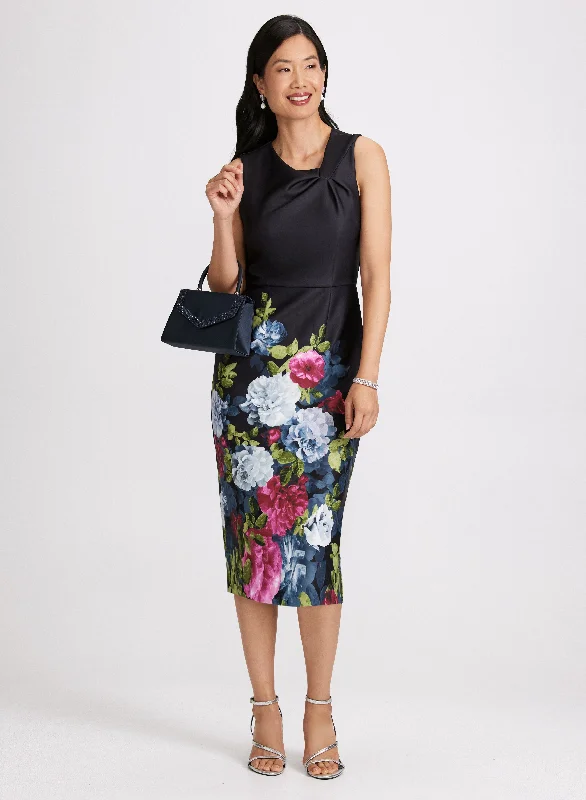 Party Dresses with Ruffled Hem and Bow at the Waist and Satin Ribbon for Ladies' Sweet and Feminine LookFloral Twist-Neck Sheath Dress Party Dresses with Ruffled Hem and Bow at the Waist and Satin Ribbon for Ladies' Sweet and Feminine LookFloral Twist-Neck Sheath Dress