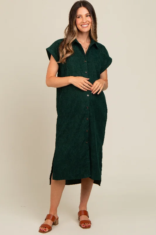 Split - hem midi dress for added mobility and a trendy styleForest Green Corduroy Button Down Maternity Midi Dress