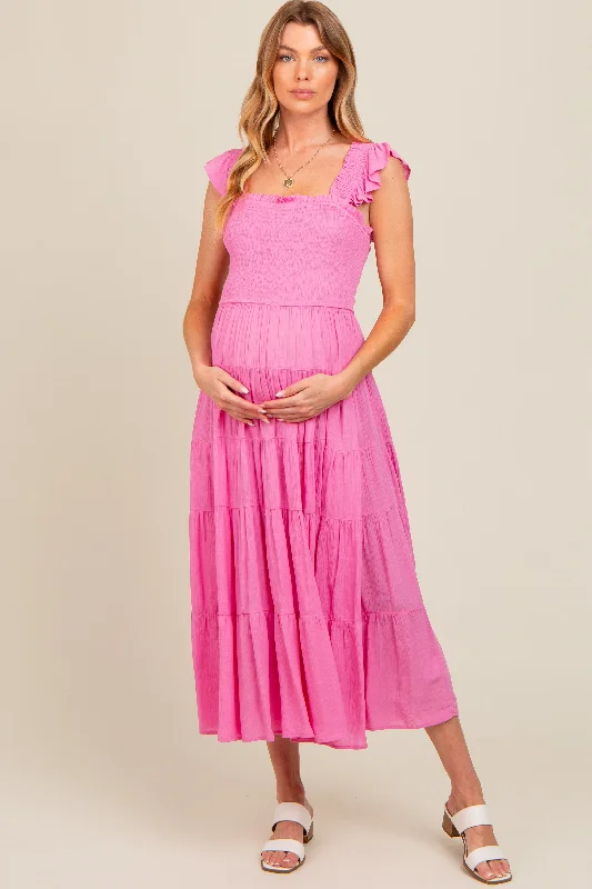Satin midi dress for a smooth and shiny finishFuchsia Smocked Tiered Ruffle Strap Maternity Midi Dress
