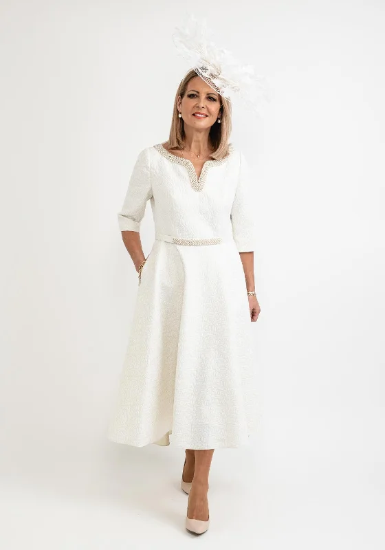 Zip - front midi dress for easy on - and - off convenienceGabriela Sanchez Pearl & Diamante Neckline Jacquard Midi Dress, Gold
