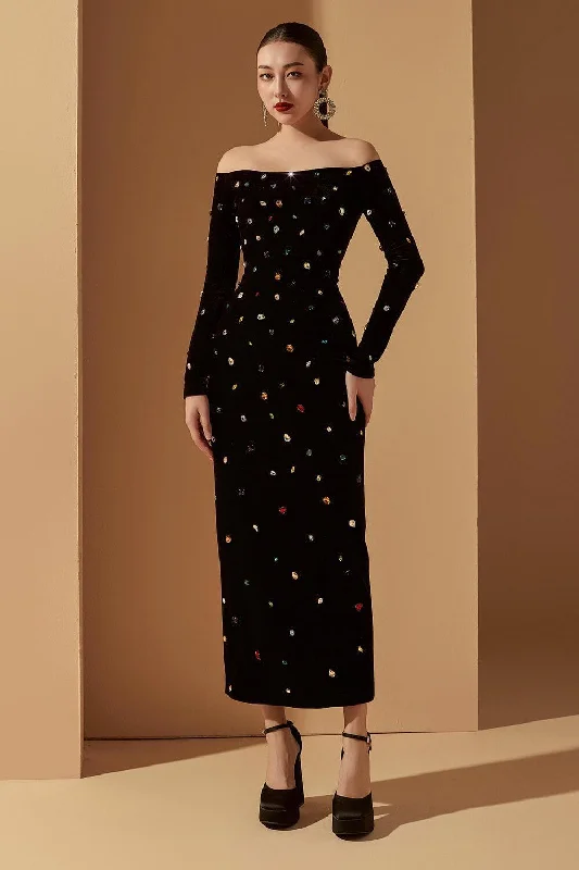 Printed - animal - pattern midi dress for a wild and trendy lookGenesis Sheath Off-Shoulder Velvet Midi Dress