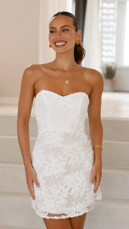 Party Dresses with Sequined Floral Motifs and Satin Ribbon Detailing for Ladies' Elegant and Delicate LookGenevieve Mini Dress - White Party Dresses with Sequined Floral Motifs and Satin Ribbon Detailing for Ladies' Elegant and Delicate LookGenevieve Mini Dress - White