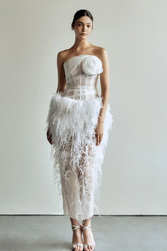 Fringe - trimmed midi dress for a playful and trendy appearanceGimaya Pegged Straight Across Neck Feathers Midi Dress