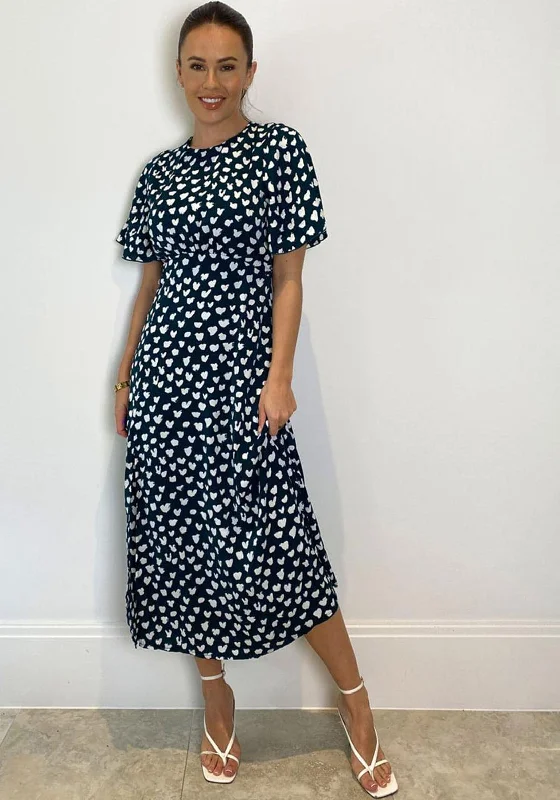 Midi dress for a movie night with a cozy sweater or jacketGirl in Mind Britney Ditsy Heart Print Split Leg Midi Dress, Green
