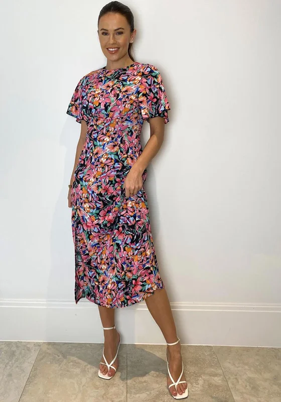 Wrap - style midi dress with a customizable fitGirl In Mind Britney Floral Print Split Leg Midi Dress, Pink Multi