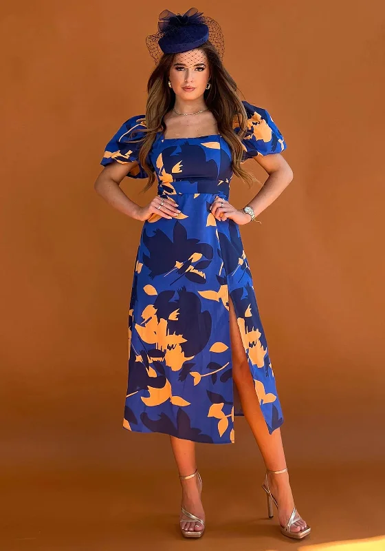 Midi dress for a yoga class with a flexible and breathable fabricGirl In Mind Chanice Square Neck Floral Midi Dress, Cobalt Blue & Orange
