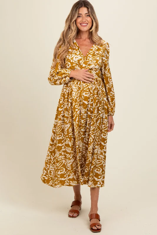 Midi dress for tall women with extra - long lengthsGold Abstract Floral Gathered Front Maternity Midi Dress