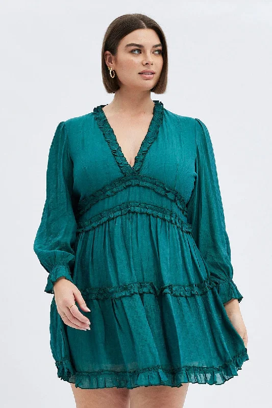 Plus Size Sequined Maxi Party Dresses for Curvy LadiesGreen Mini Dress Textured Chiffon Frill Long Sleeve Plus Size Sequined Maxi Party Dresses for Curvy LadiesGreen Mini Dress Textured Chiffon Frill Long Sleeve