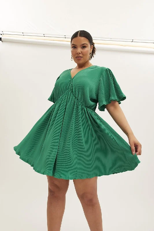 Plaid Party Dresses with Satin Trim for Ladies' Preppy and Stylish VibeGreen Mini Dress V-neck Short Sleeve Plisse Plaid Party Dresses with Satin Trim for Ladies' Preppy and Stylish VibeGreen Mini Dress V-neck Short Sleeve Plisse