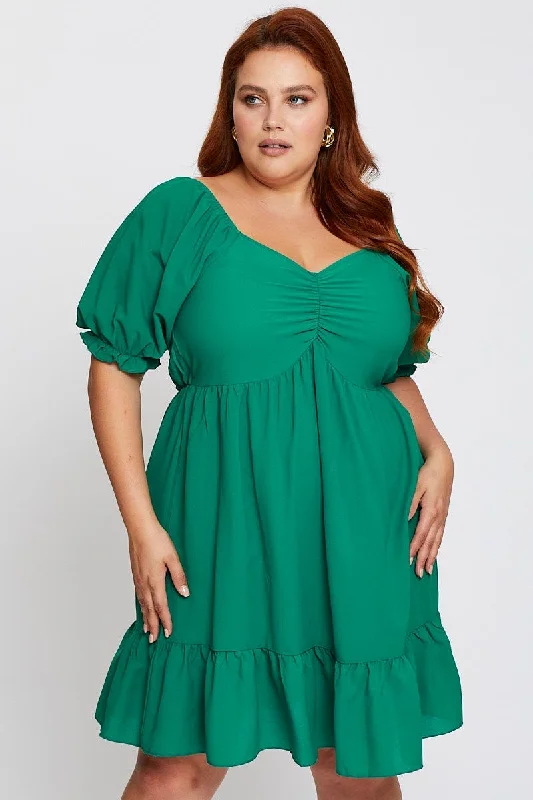 Mesh Paneled Party Dresses with Beaded Appliques for Ladies' Modern EdgeGreen Short Puff Sleeve Gather Frill Hem Dress Mesh Paneled Party Dresses with Beaded Appliques for Ladies' Modern EdgeGreen Short Puff Sleeve Gather Frill Hem Dress