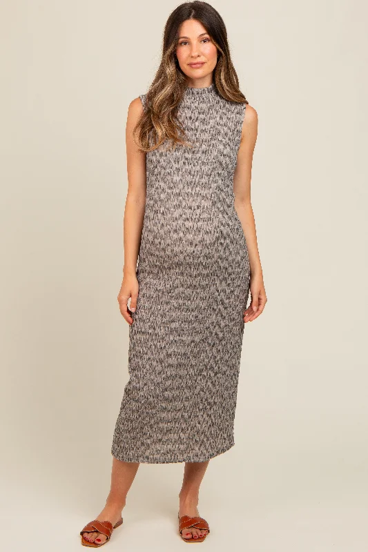 Printed - animal - pattern midi dress for a wild and trendy lookGrey Textured Knit Mock Neck Maternity Midi Dress