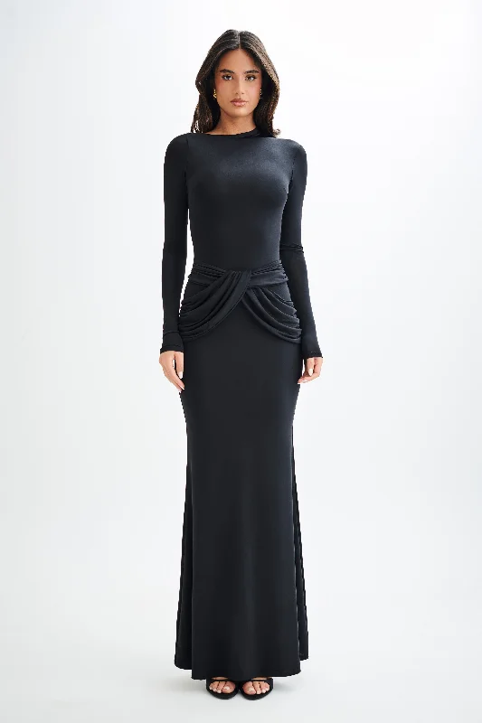 Party Dresses with Sheer Panels and Beaded Trim and Embroidered Paisley Patterns for Ladies' Sultry and Exotic LookHalcyon Long Sleeve Slinky Maxi Dress - Black Party Dresses with Sheer Panels and Beaded Trim and Embroidered Paisley Patterns for Ladies' Sultry and Exotic LookHalcyon Long Sleeve Slinky Maxi Dress - Black