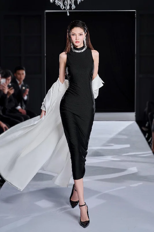 Halter - neck midi dress for a modern and stylish lookHanging Bodycon Sleeveless Spandex Midi Dress