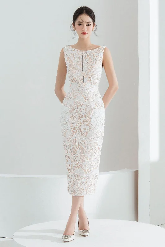Square neck midi dress for a vintage - inspired charmHelen Pencil Boat Neck Lace Midi Dress