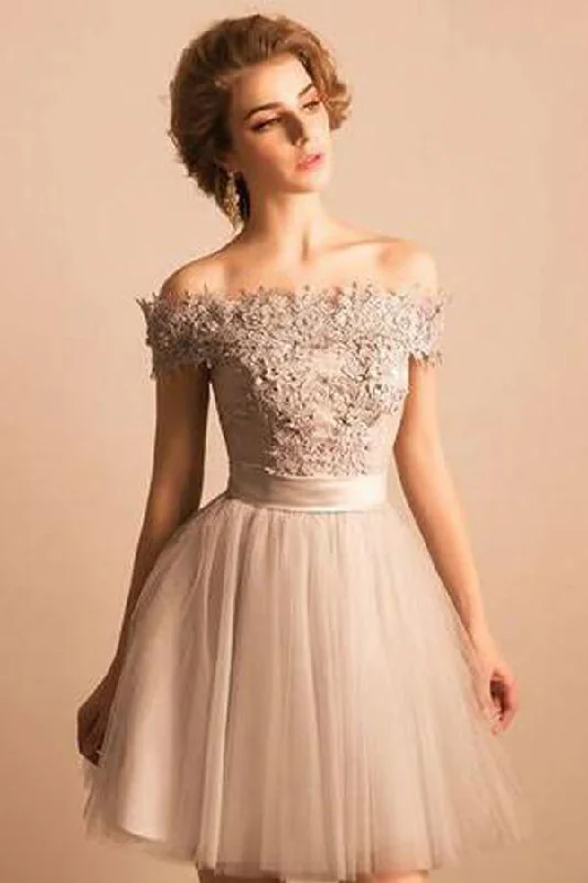 Party Dresses with Lace Insertions on the Skirt and Beaded Waistband for Ladies' Feminine and Glamorous LookHomecoming Dress Off-the-shoulder Lace Short Prom Dress Party Dress PD352 Party Dresses with Lace Insertions on the Skirt and Beaded Waistband for Ladies' Feminine and Glamorous LookHomecoming Dress Off-the-shoulder Lace Short Prom Dress Party Dress PD352