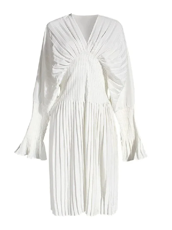 Party Dresses with Satin Trimmed Collar and Bow Back and Embroidered Skirt for Ladies' Classic and Intricate LookHunter V Neck Long Sleeve Dress - White Party Dresses with Satin Trimmed Collar and Bow Back and Embroidered Skirt for Ladies' Classic and Intricate LookHunter V Neck Long Sleeve Dress - White