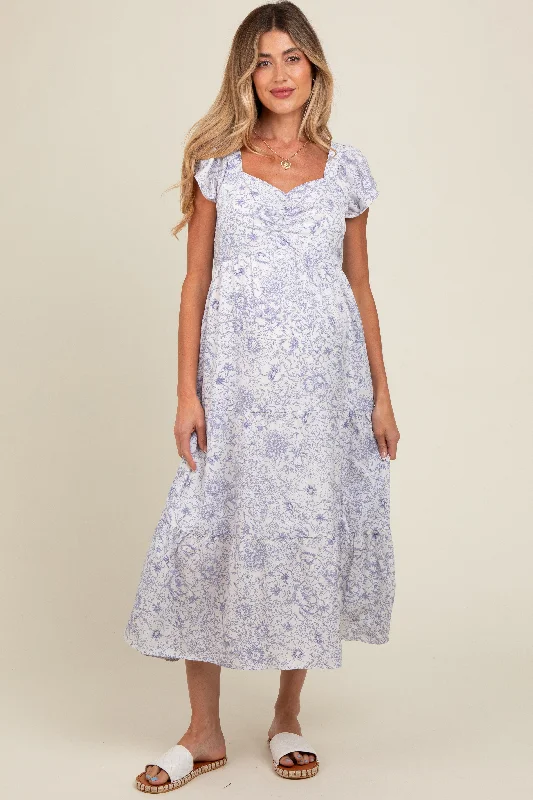 Midi dress for a school event such as a sports day or field tripIvory Floral Ruched Front Flutter Sleeve Tiered Maternity Midi Dress