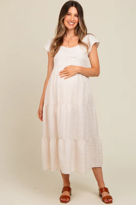 Cotton - blend midi dress for a comfortable and versatile choiceIvory Textured Sweetheart Neck Short Puff Sleeve Tiered Maternity Midi Dress