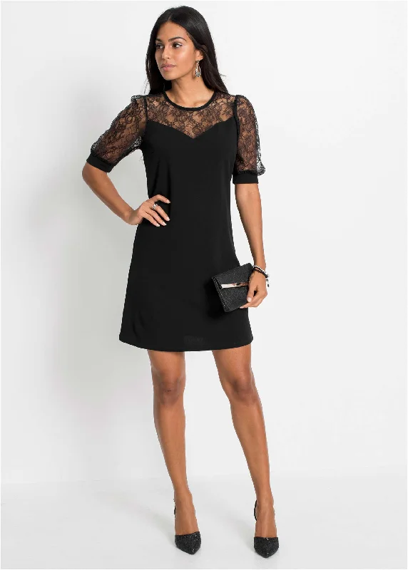Striped Party Dresses with Button Front for Ladies' Classic and Timeless LookLace Detail Dress - Black Striped Party Dresses with Button Front for Ladies' Classic and Timeless LookLace Detail Dress - Black
