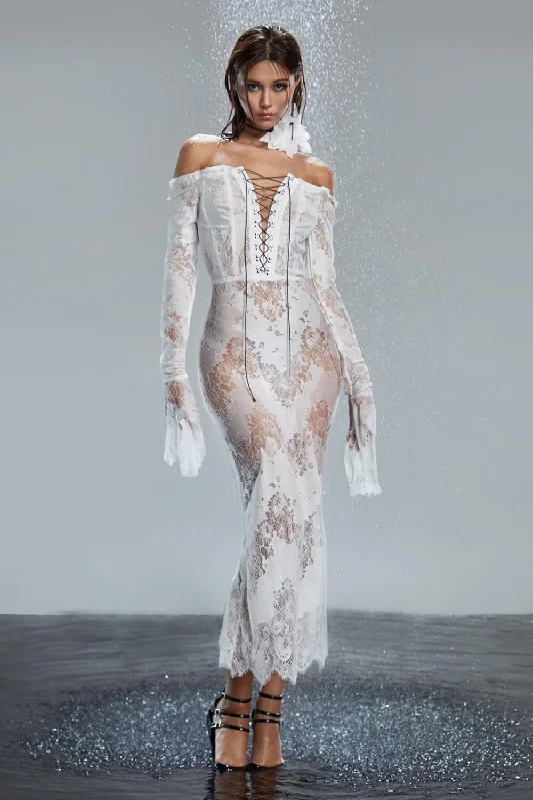 Midi dress for a church service in a more relaxed and modern churchJasmine Mermaid Off-Shoulder Lace Midi Dress