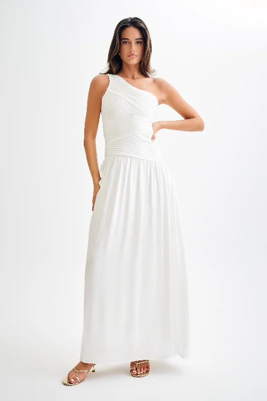 Party Dresses with Embroidered Paisley Patterns and Sequined Bodice for Ladies' Exotic and Glamorous LookJenna One Shoulder Pleated Maxi Dress - Ivory Party Dresses with Embroidered Paisley Patterns and Sequined Bodice for Ladies' Exotic and Glamorous LookJenna One Shoulder Pleated Maxi Dress - Ivory