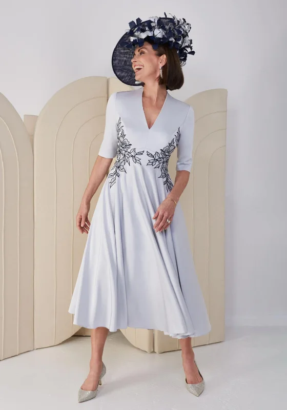 Midi dress for petite body types with proportionate sizingJohn Charles Embroidered Waist Midi Dress, Silver & Navy