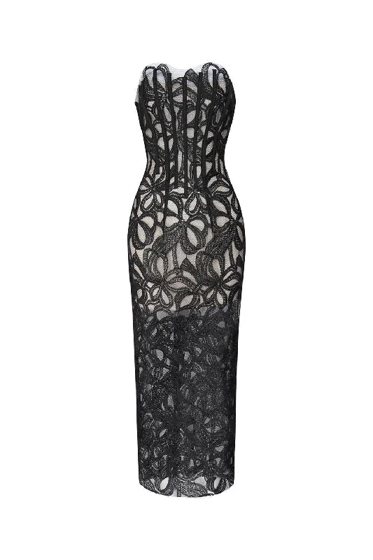 Midi dress for a barbecue with friends and familyJolie Strapless See-Through Lace Midi Dress