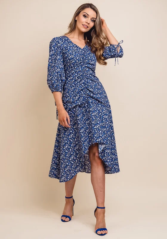 Midi dress for a wedding as a guest in a more casual weddingJovonna Floral Ruched Midi Dress, Blue