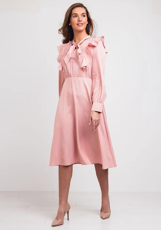 Ruched midi dress for a figure - hugging and flattering fitJovonna Frill Trim A-Line Midi Dress, Pink