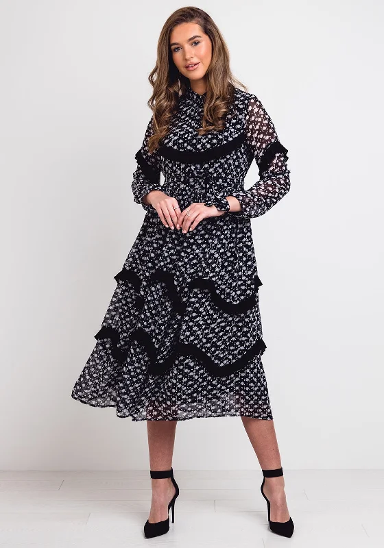 Bell - sleeve midi dress for a bohemian and stylish appearanceJovonna Frill Trim Floral Midi Dress, Black