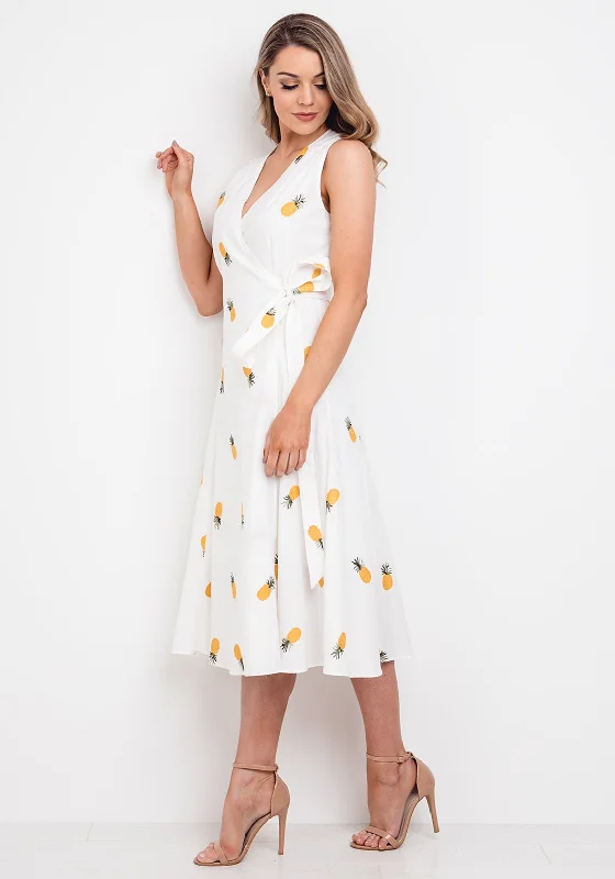 Midi dress for a photoshoot to create a stylish and memorable lookJovonna Pineapple Print Wrap Midi Dress, White