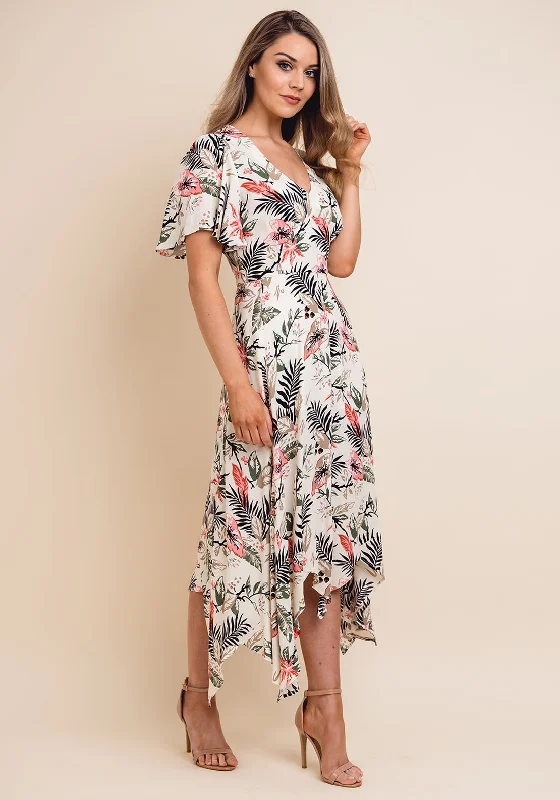 Sleeveless silk midi dress for a sophisticated summer styleJovonna Tropical Hanky Hem Midi Dress, Multi