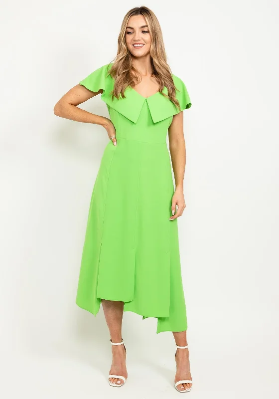 Square neck midi dress for a vintage - inspired charmKameya Button Back Folded Neck Midi Dress, Green Square neck midi dress for a vintage - inspired charmKameya Button Back Folded Neck Midi Dress, Green
