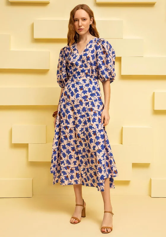 Cold - shoulder midi dress for a trendy and modern styleKameya Floral A Line Midi Dress, Blue Multi Cold - shoulder midi dress for a trendy and modern styleKameya Floral A Line Midi Dress, Blue Multi