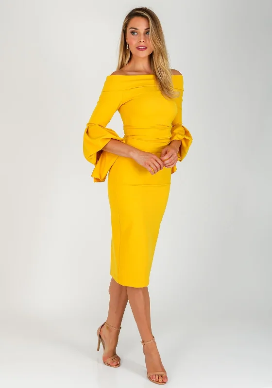 Midi dress for outdoor adventures such as hiking and campingKevan Jon Ceiba Bardot Midi Dress, Mustard