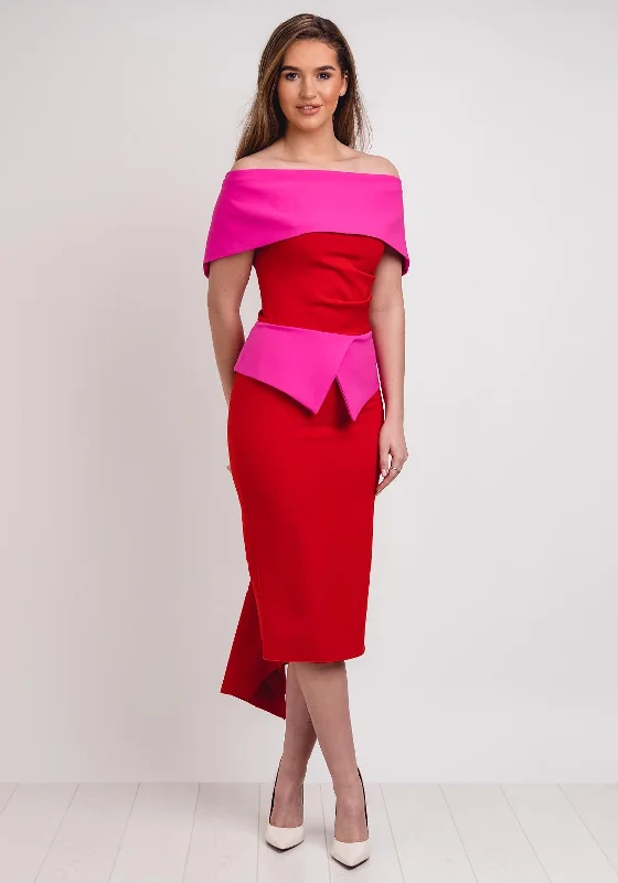 Drawstring - waist midi dress for a customizable and comfortable fitKevan Jon Queenie Peplum Midi Dress, Red & Pink