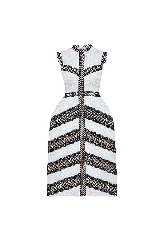 High - low hem midi dress for a modern and stylish lookLaelia A-line Round Neck Brocade Midi Dress