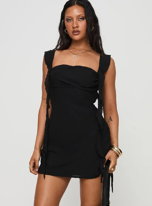 Party Dresses with Sheer Sleeve and Sequined Cuffs and Bow at the Waist and Embroidered Skirt for Ladies' Elegant and Intricate LookLanai Mini Dress Black Party Dresses with Sheer Sleeve and Sequined Cuffs and Bow at the Waist and Embroidered Skirt for Ladies' Elegant and Intricate LookLanai Mini Dress Black