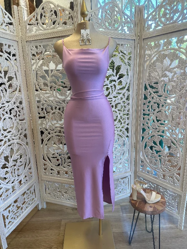 Midi dress for a business - casual setting when paired with a blazerLavender Cowl Midi Dress