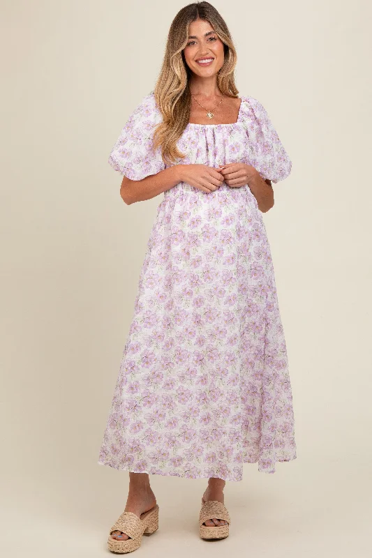 Embroidered lace midi dress for a romantic and delicate touchLavender Floral Puff Sleeve Maternity Midi Dress