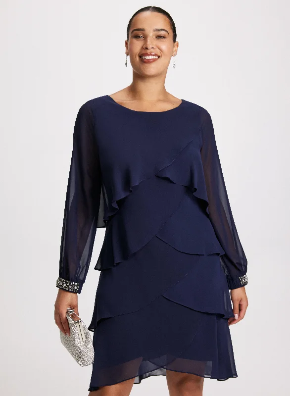 Party Dresses with Sequined Fringe and Tulle Overlay for Ladies' Dazzling and Playful LookLayered Ruffle Chiffon Dress Party Dresses with Sequined Fringe and Tulle Overlay for Ladies' Dazzling and Playful LookLayered Ruffle Chiffon Dress