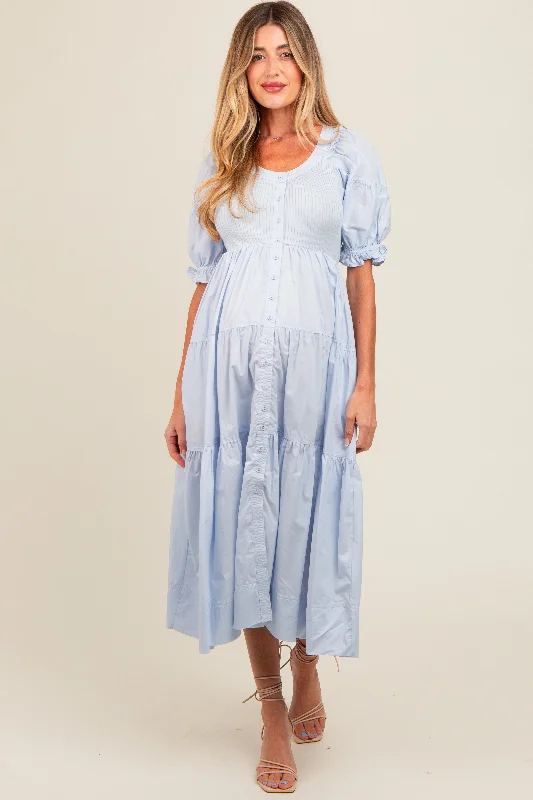 Striped cotton midi dress for a classic and timeless lookLight Blue Contrast Top Tiered Maternity Midi Dress